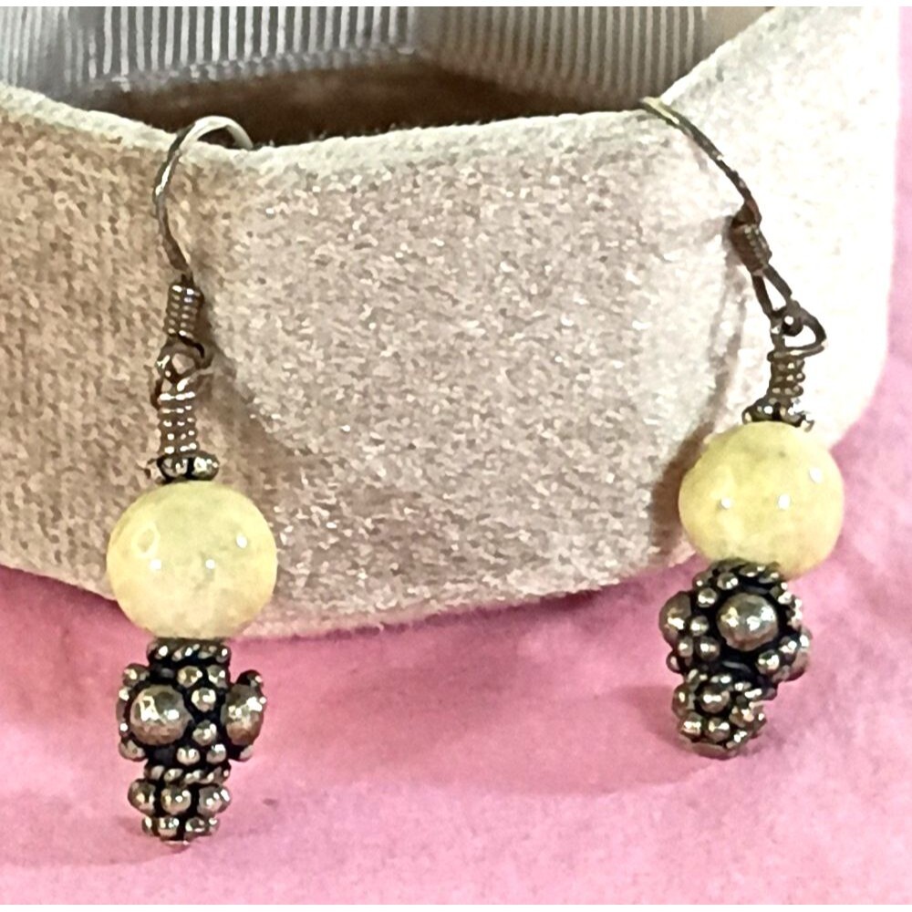 Vintage Sterling Silver Riverstone Bali Bead Dangle Earrings Boho French Wires